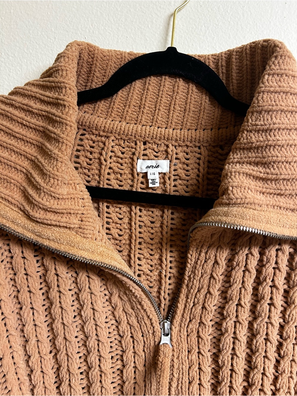 Aerie Chunky Knit Zip-Up Jacket - Camel